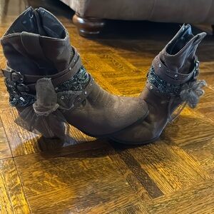 Dolce * Chocolate brown. Low heeled boots. Lace and stone accents.  Size 7.
